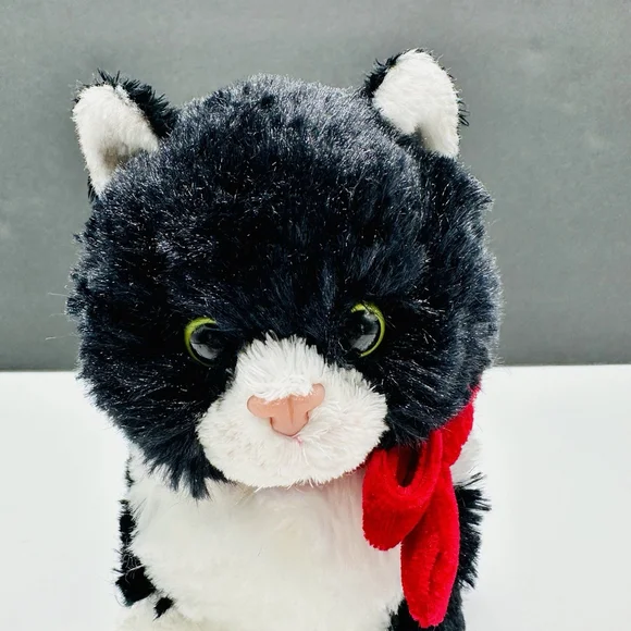 Russ Berrie Black and White Kitty Cat 8” Red Bow Sitting Stuffed Plush Tuxedo - Picture 2 of 7